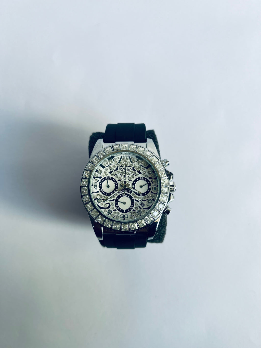 SMW Rolex Daytona Diamond Bezel Luxury Chronograph Watch with Black Rubber Strap