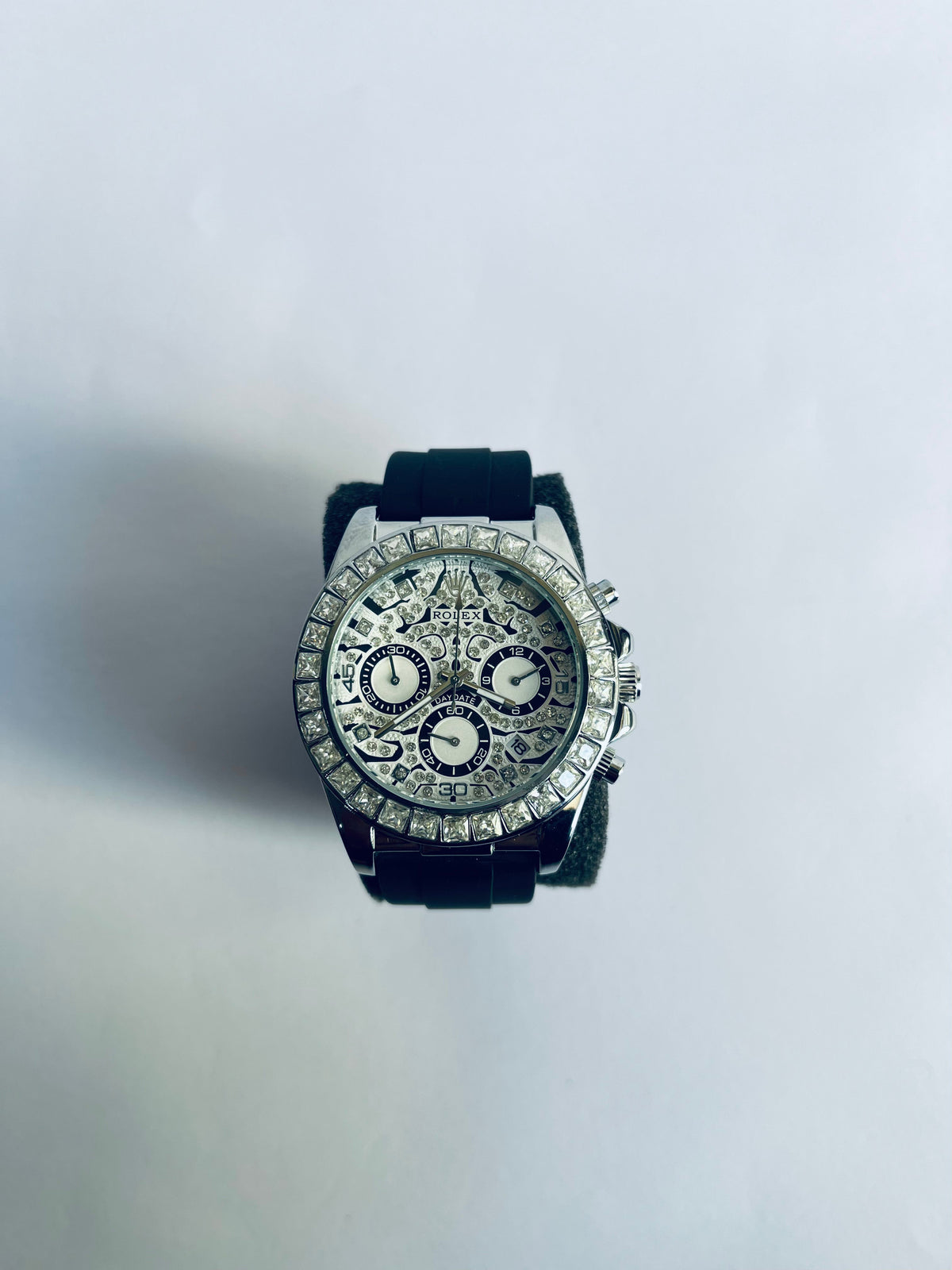 SMW Rolex Daytona Diamond Bezel Luxury Chronograph Watch with Black Rubber Strap