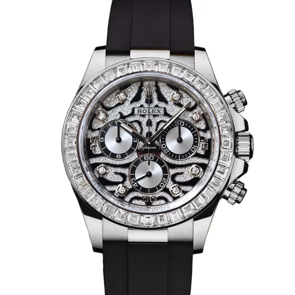 SMW Rolex Daytona Diamond Bezel Luxury Chronograph Watch with Black Rubber Strap